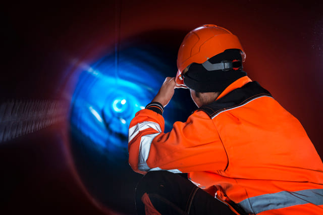 trabalhador da construcao civil de dutos com uniforme protetor reflexivo inspecionando tubos